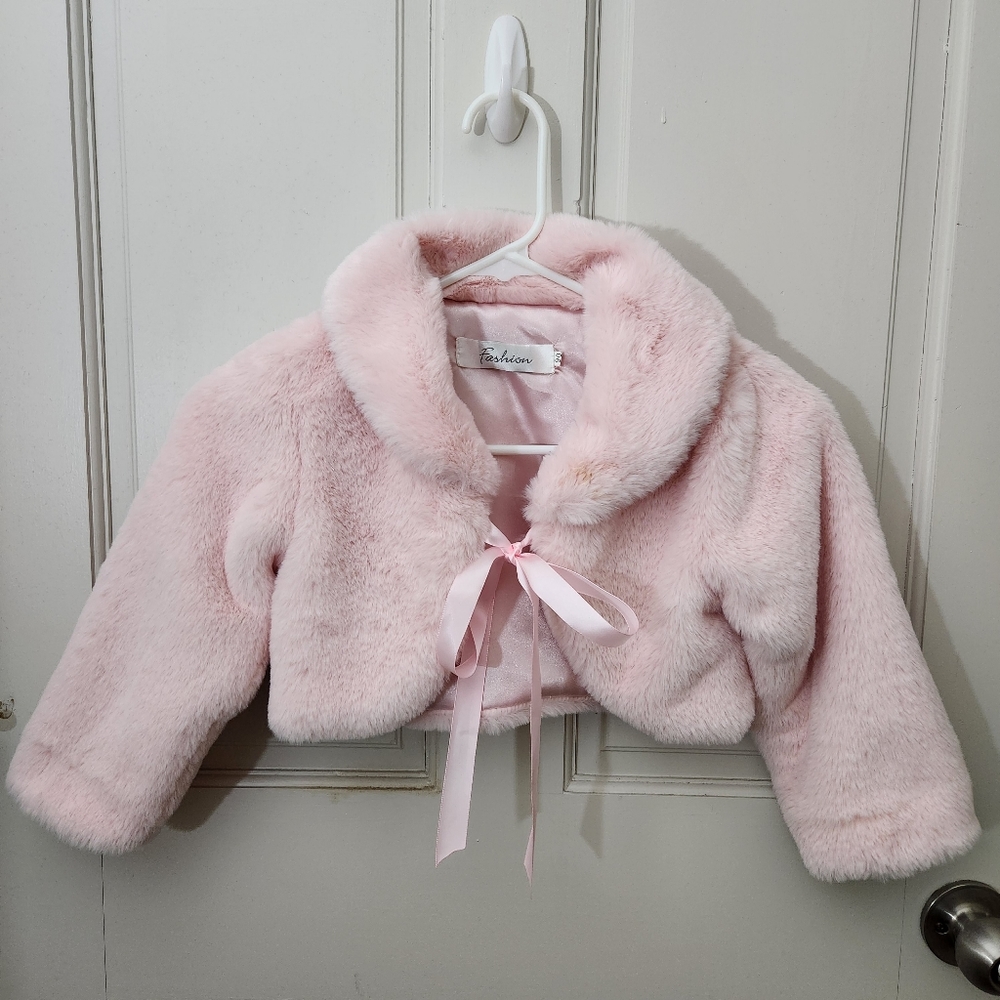 Powder pink faux fur flower girl jacket